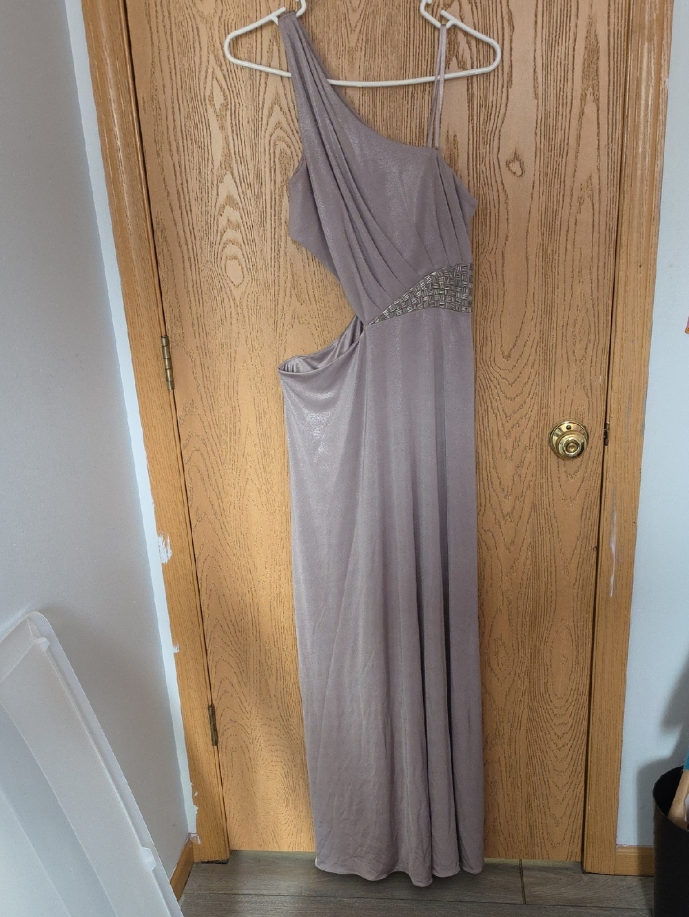 One-Shoulder Taupe Evening Gown with Embellished Waist